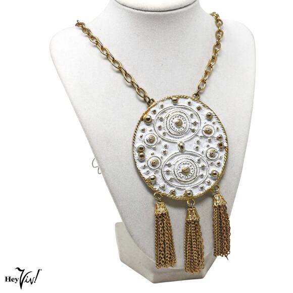 Vintage Necklace Large 3" Medallion Statement Chunky Piece Chain Fringe -Hey Viv - Picture 1 of 6